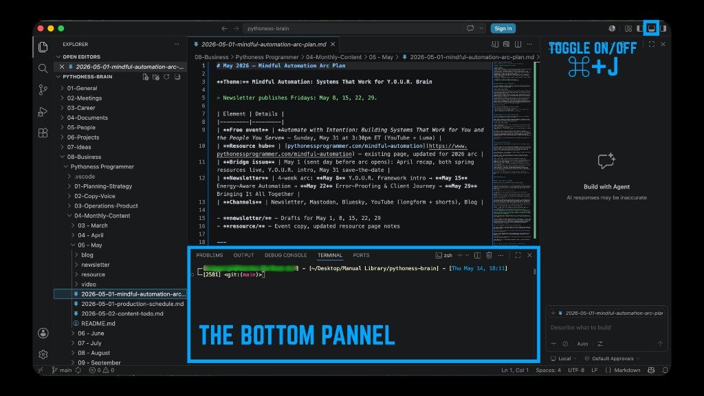 Bottom panel with Terminal active; callout for toggling the panel with ⌘J.