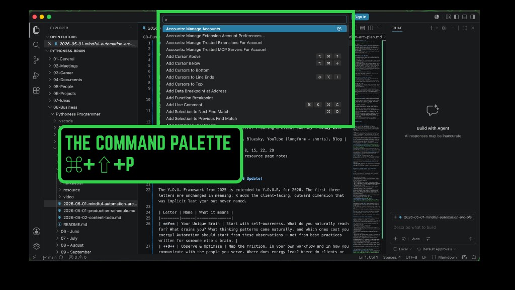 Command Palette open at the top of the editor with the shortcut ⌘⇧P called out.