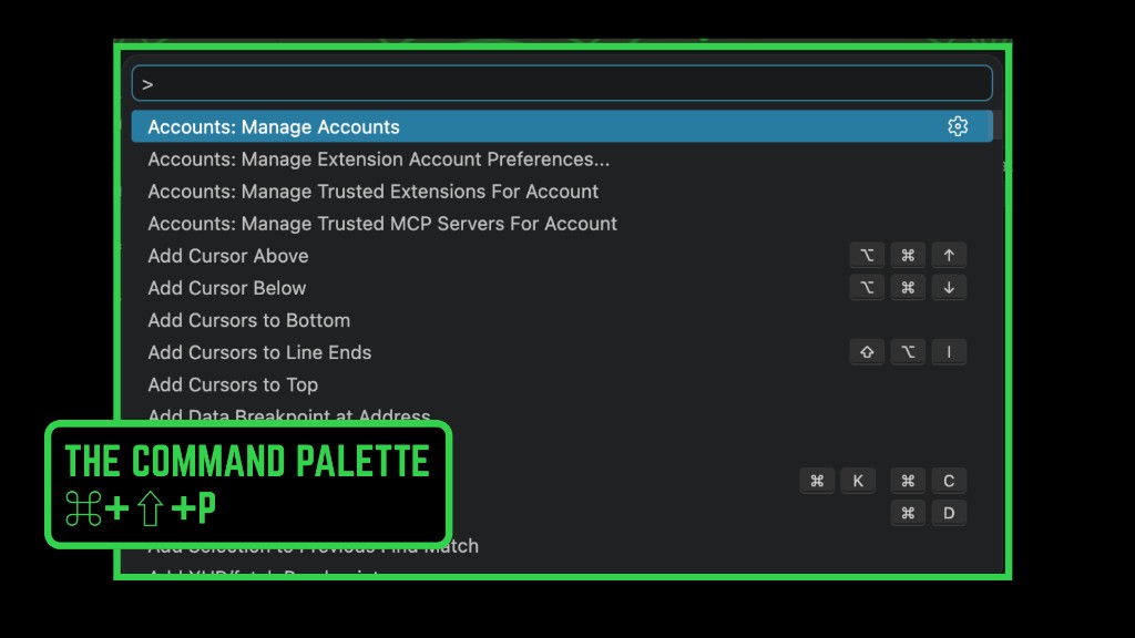 Command Palette in command mode with a list of actions and shortcuts on the right.