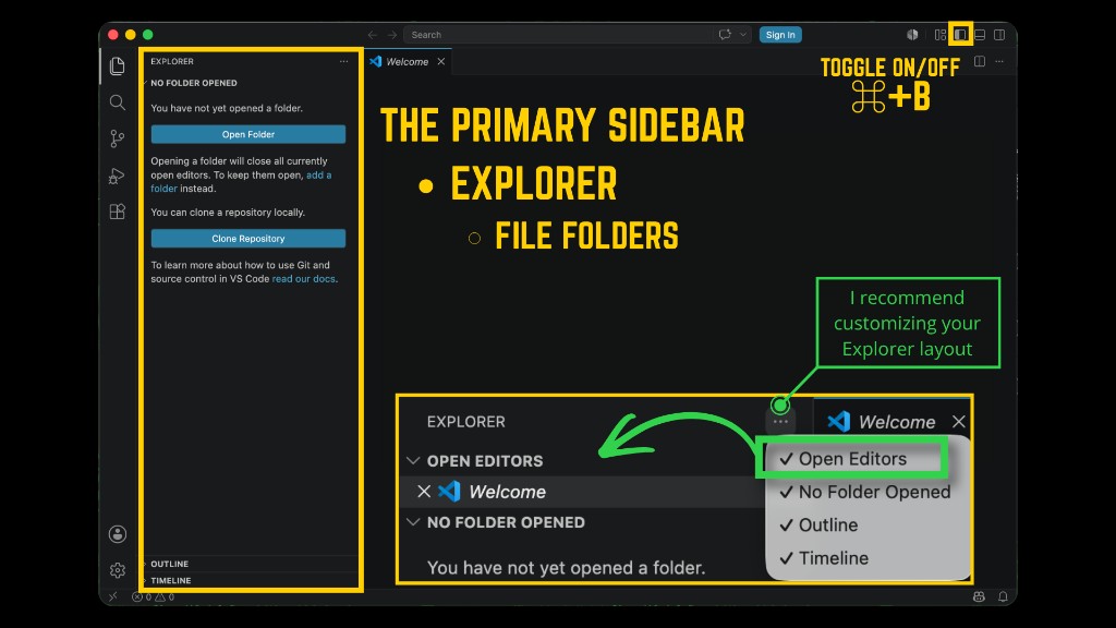 Explorer sidebar with callout to the “more actions” menu for layout options like Open Editors and Outline.