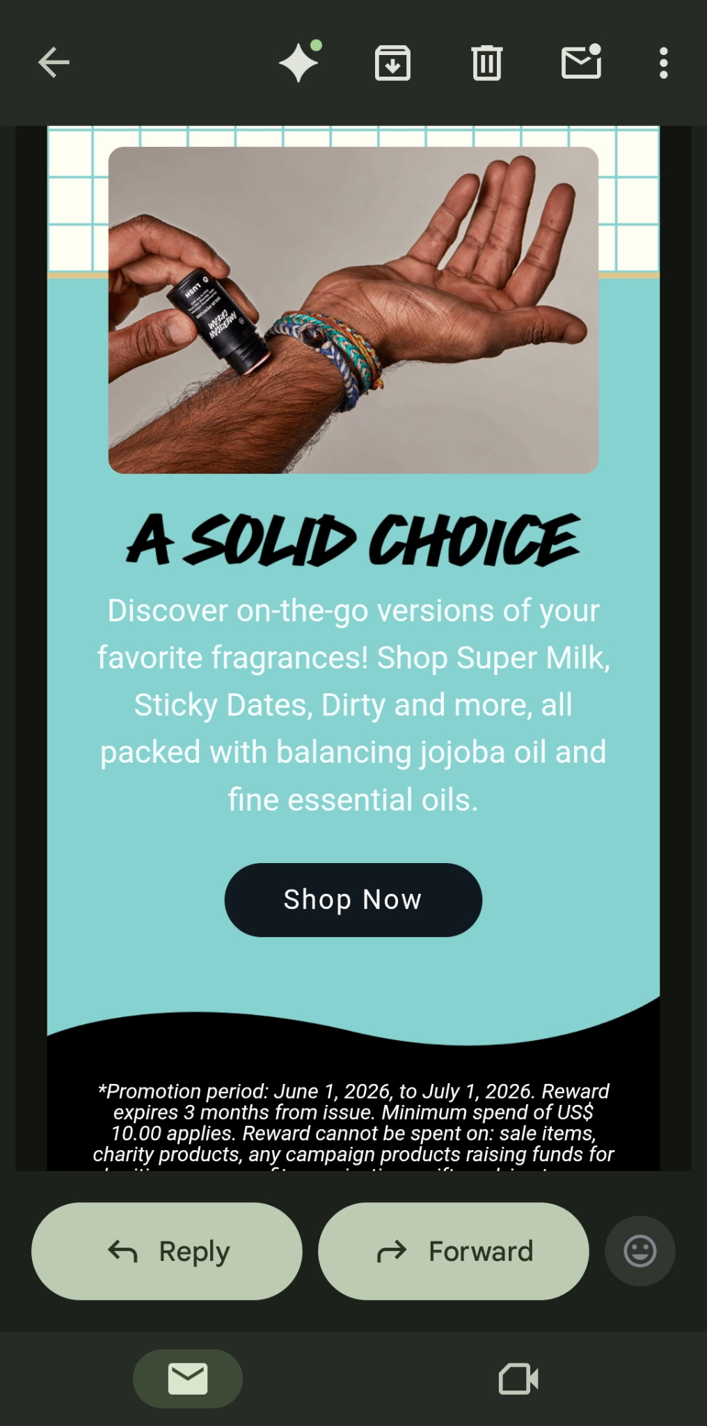 Lush email — same message; white text on teal background is readable